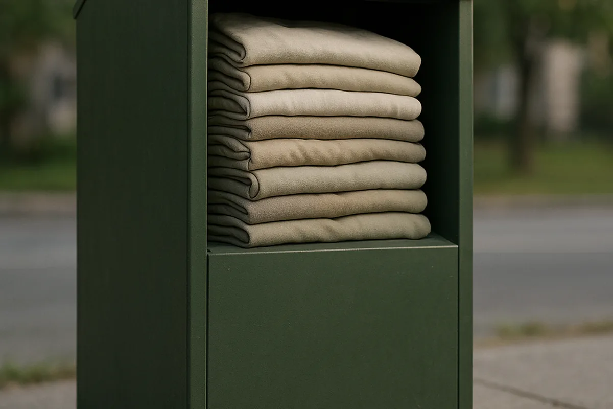 Κάδος ανακύκλωσης ρούχων με διπλωμένα μεταχειρισμένα ρούχα